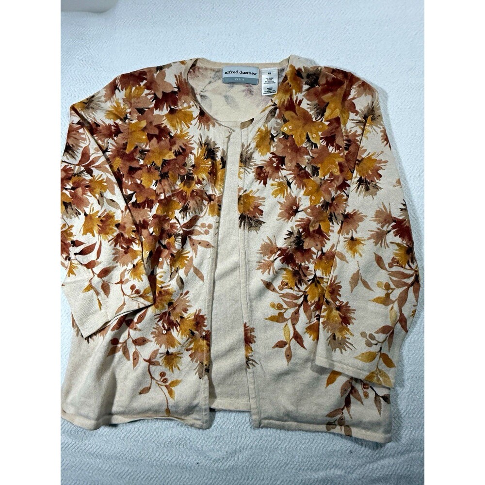Alfred Dunner Knit Cardigan Sweater Floral Beige Brown Beaded Open PS